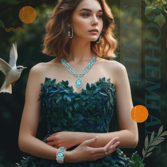 Elegant 3-Piece Turquoise Jewelry Set for Women: Choker, Bracelet & Earrings - Picture 6 of 6